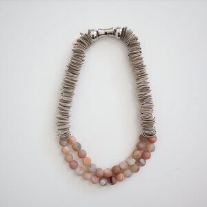 Sea Lilly Silver-Tone and Agate Peach Bead Statement Necklace